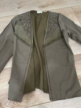 Olive Green Embellished Open-Front Women's Jacket